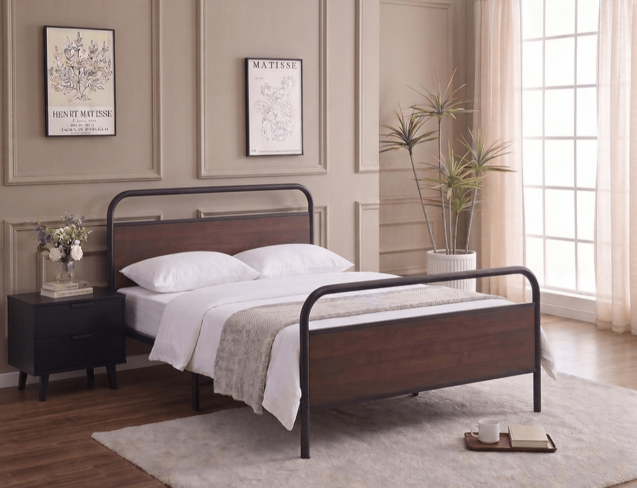 IFDCBlack Steel Bed Frame with Wood Panel Accents IF-5255