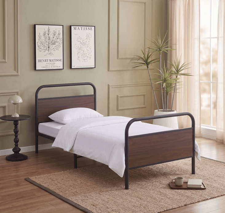IFDCBlack Steel Bed Frame with Wood Panel Accents IF-5255
