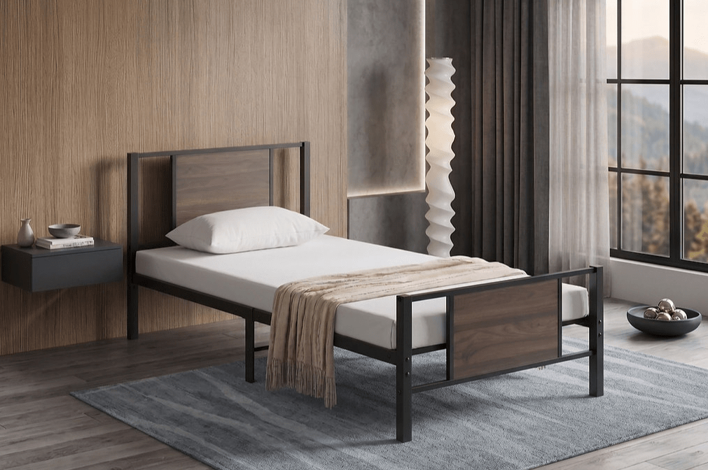IFDCBlack Steel Bed Frame with Wood Panel Accents IF-5275