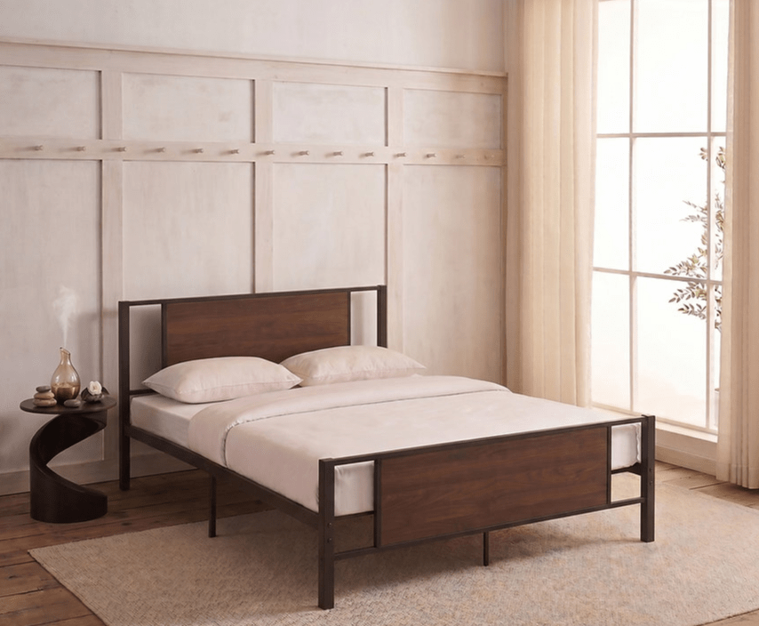 IFDCBlack Steel Bed Frame with Wood Panel Accents IF-5275