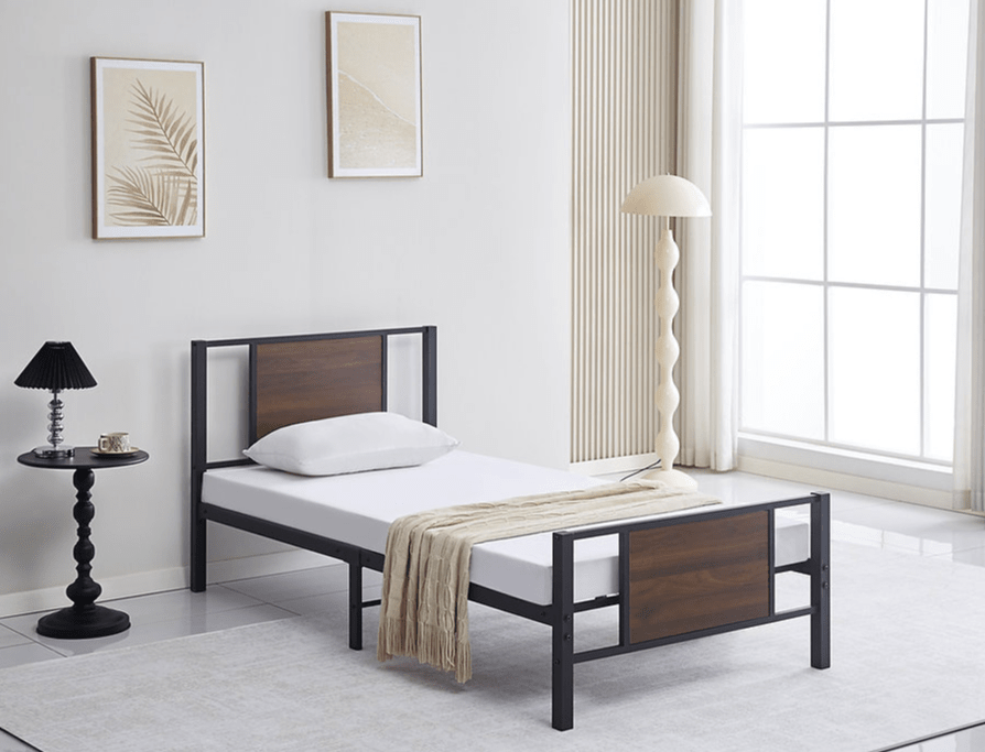 IFDCBlack Steel Bed Frame with Wood Panel Accents IF-5275