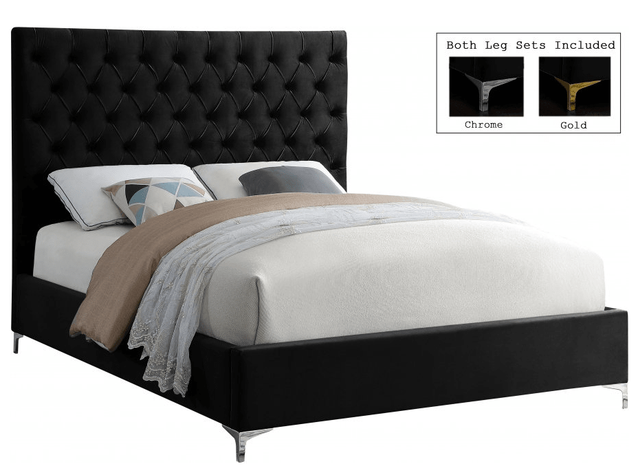 IFDCBlack Velvet Tufted Platform Bed with Tall Headboard (Gold & Chrome Legs Included) IF - 5643