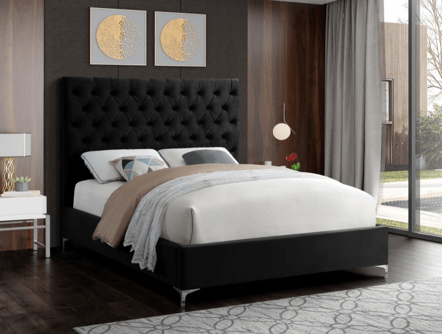 IFDCBlack Velvet Tufted Platform Bed with Tall Headboard (Gold & Chrome Legs Included) IF - 5643