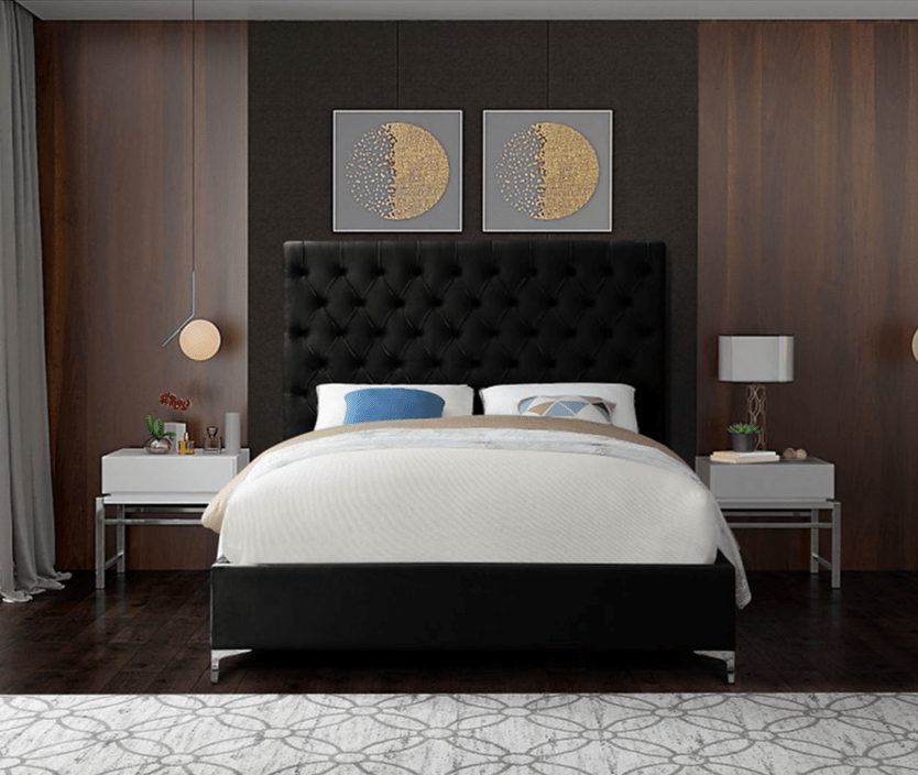 IFDCBlack Velvet Tufted Platform Bed with Tall Headboard (Gold & Chrome Legs Included) IF - 5643