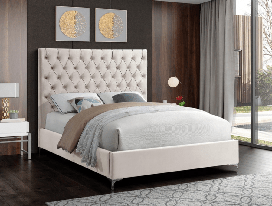 IFDCCreme Velvet Tufted Platform Bed with Tall Headboard (Gold & Chrome Legs Included) IF - 5642
