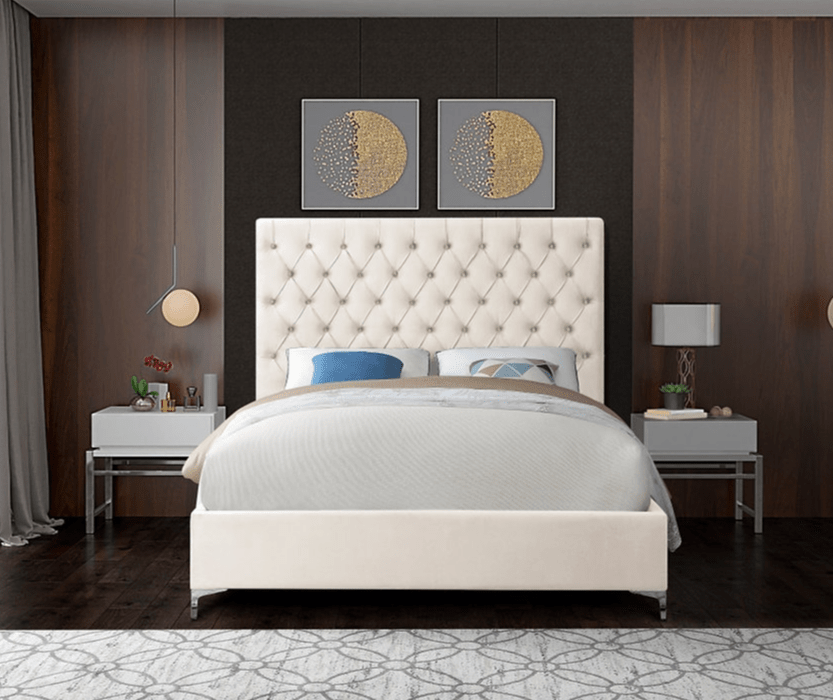 IFDCCreme Velvet Tufted Platform Bed with Tall Headboard (Gold & Chrome Legs Included) IF - 5642