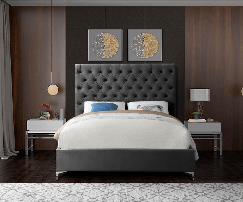 IFDCGrey Velvet Tufted Platform Bed with Tall Headboard (Chrome & Gold Legs Included) IF - 5640