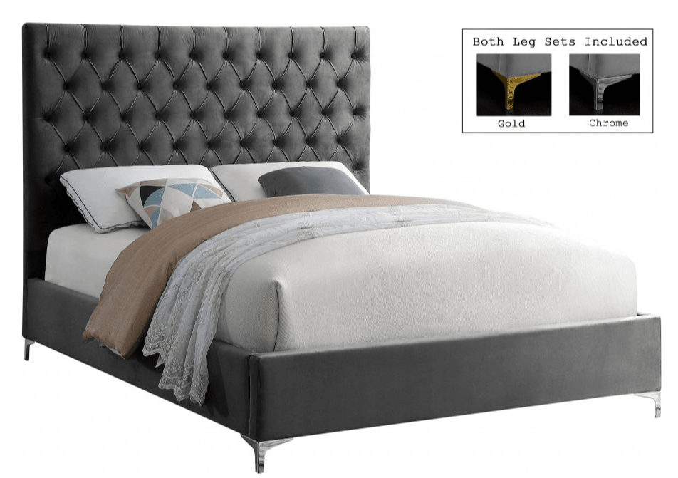 IFDCGrey Velvet Tufted Platform Bed with Tall Headboard (Chrome & Gold Legs Included) IF - 5640