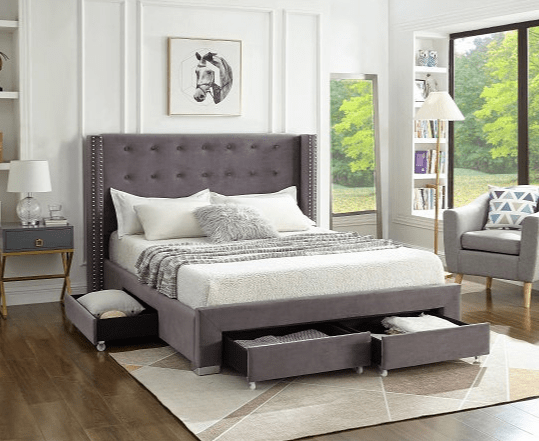 IFDCGrey Velvet Wingback Storage Bed with Nailhead Trim and Drawers IF - 5320