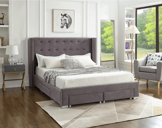 IFDCGrey Velvet Wingback Storage Bed with Nailhead Trim and Drawers IF - 5320