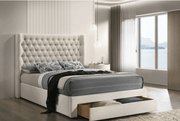 IFDCIF-5760 Warm Ivory Velvet Diamond-Tufted Platform Bed with Storage Drawer