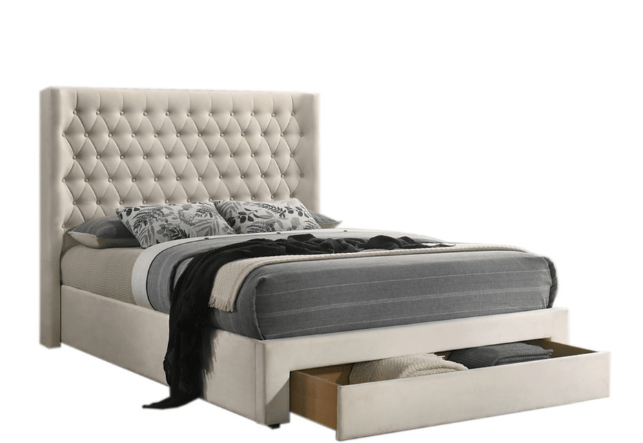 IFDCIF-5760 Warm Ivory Velvet Diamond-Tufted Platform Bed with Storage Drawer
