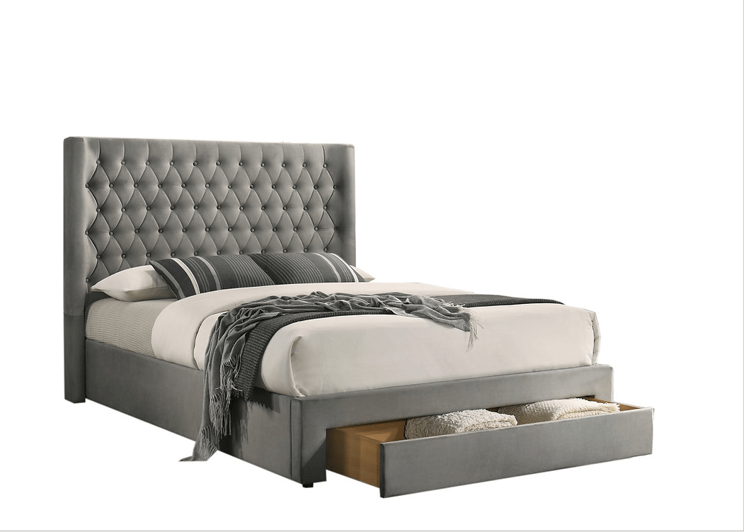 IFDCIF-5761 Silver Grey Velvet Diamond-Tufted Platform Bed with Storage Drawer
