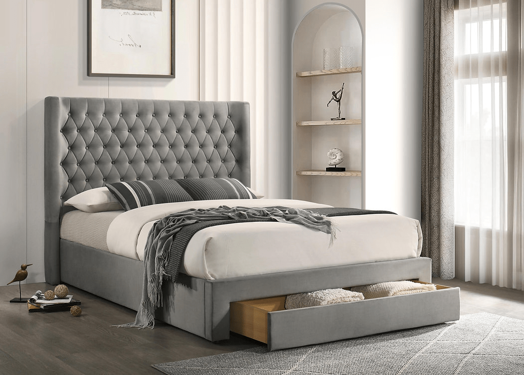 IFDCIF-5761 Silver Grey Velvet Diamond-Tufted Platform Bed with Storage Drawer