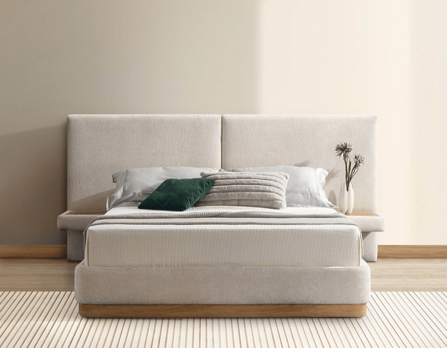 IFDCIF-5927 Warm Ivory Upholstered Platform Bed with Floating Nightstands and Natural Oak Accents