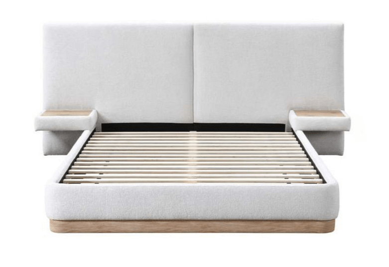 IFDCIF-5927 Warm Ivory Upholstered Platform Bed with Floating Nightstands and Natural Oak Accents