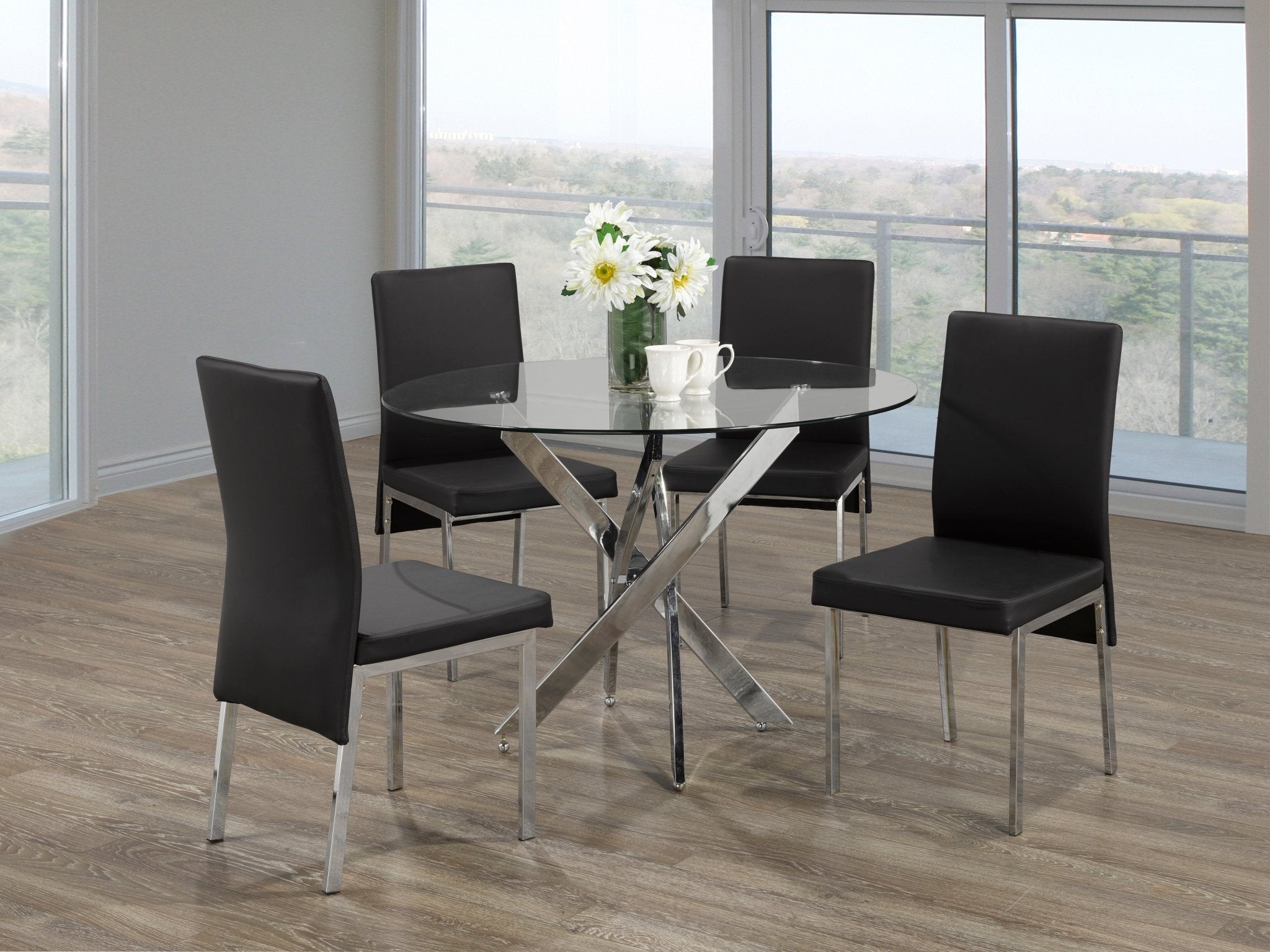 IFDCRound Glass 5pc Dining Set with 4 Black Chairs T - 1447 C - 5063