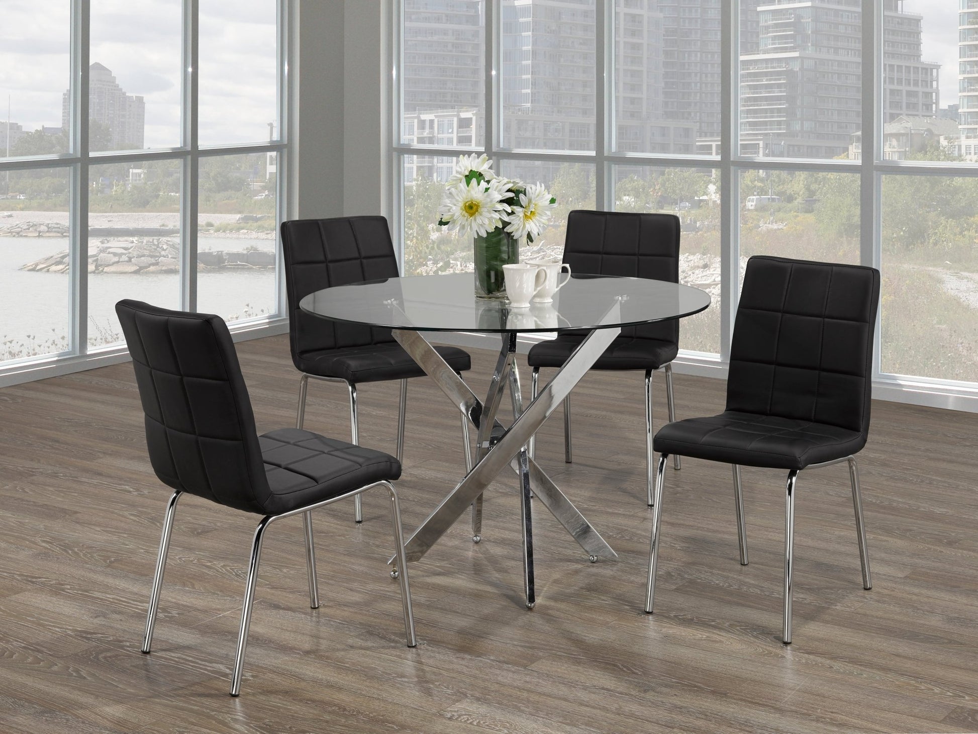 IFDCRound Glass 5pc Dining Set with Black Chairs T - 1447 C - 1760