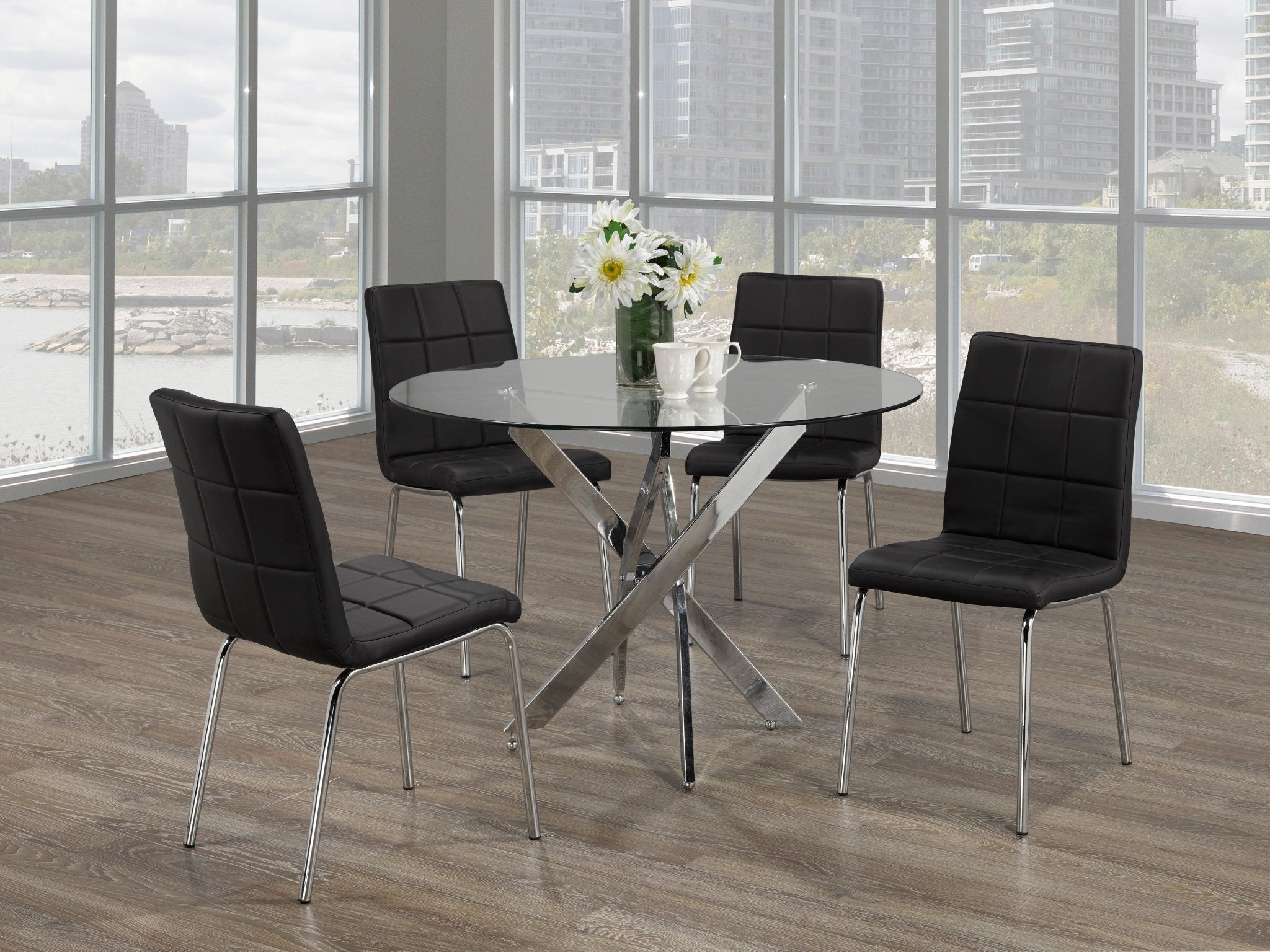 IFDCRound Glass 5pc Dining Set with Black Chairs T - 1447 C - 1760