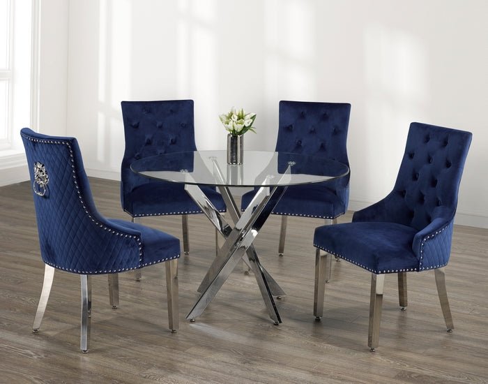 IFDCRound Glass 5pc Dining Set with Blue Chairs T - 1447 C - 1252