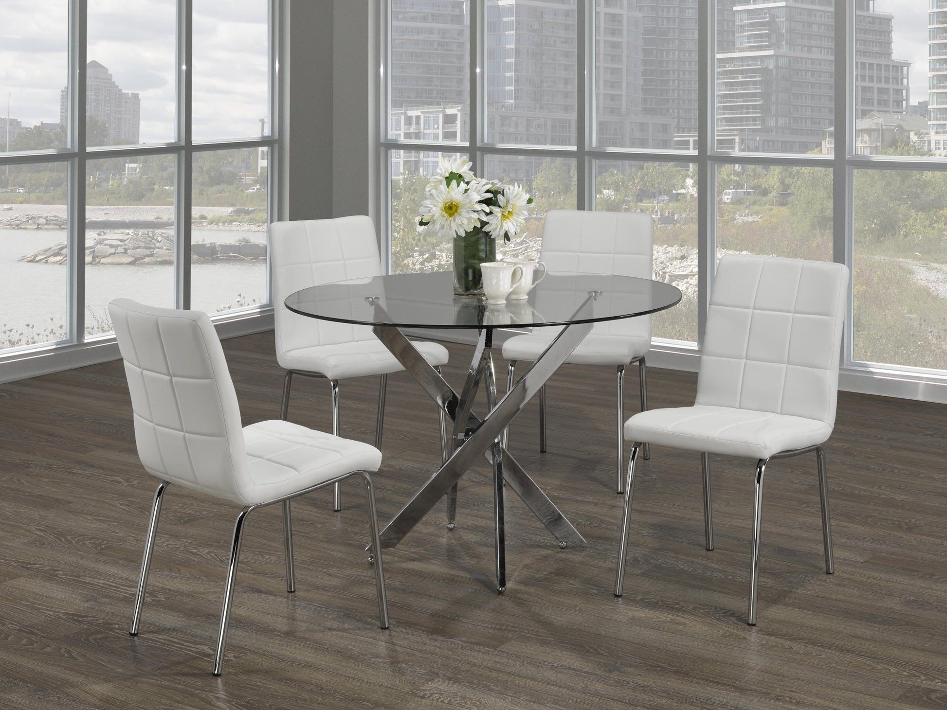 IFDCRound Glass 5pc Dining Set with White Chairs T - 1447 C - 1761