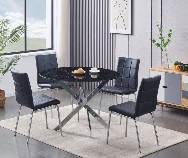 IFDCRound Tempered Black Marble 5pc Dining Set with 4 Black Chairs T - 1446 C - 1760