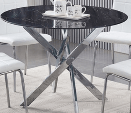 IFDCRound Tempered Black Marble 5pc Dining Set with 4 White Chairs T-1446 C-1761