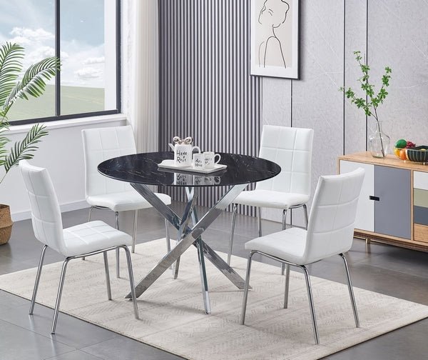 IFDCRound Tempered Black Marble 5pc Dining Set with 4 White Chairs T - 1446 C - 1761