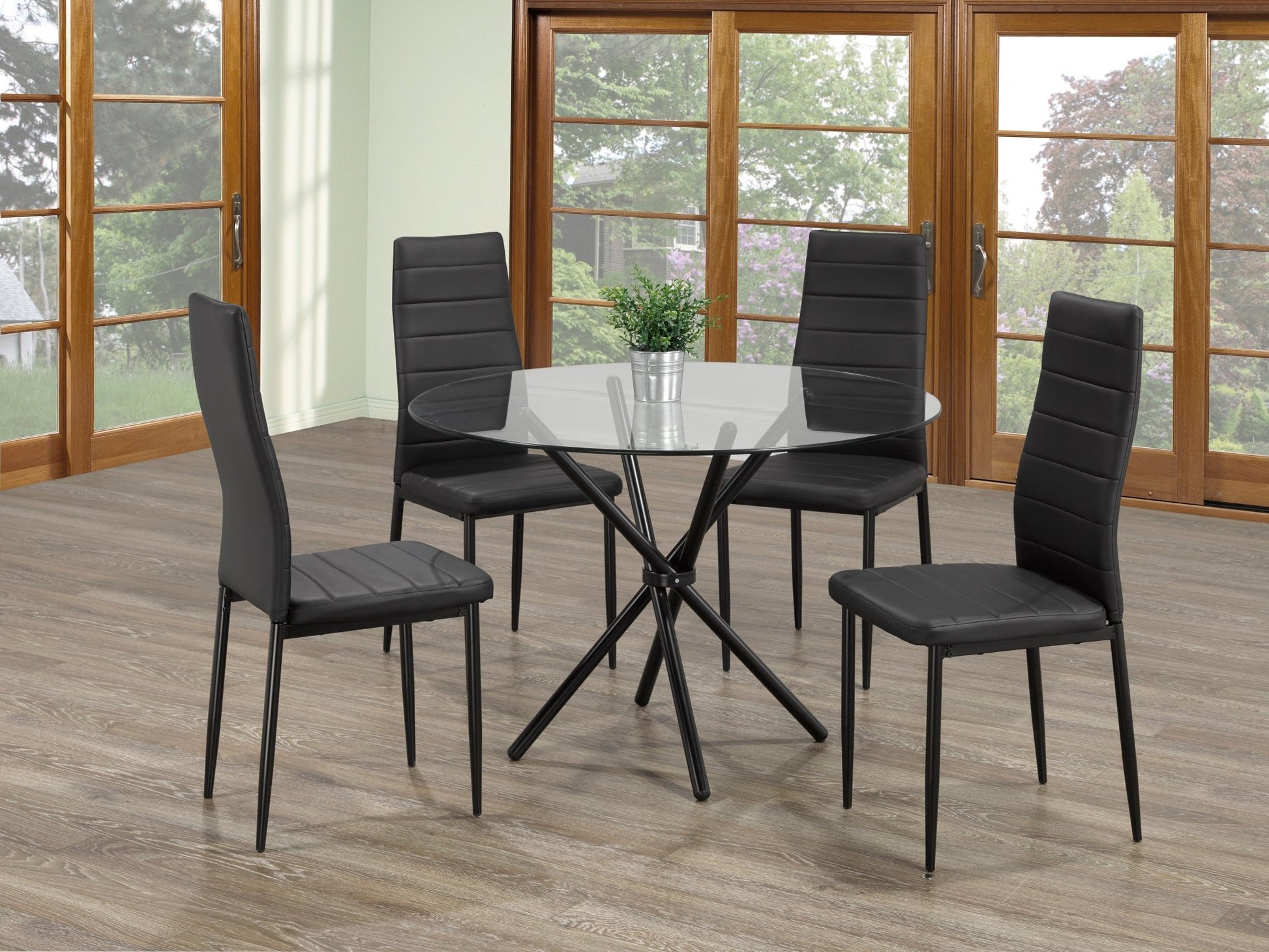 IFDCRound Tempered Clear Glass 5pc Dining Set with 4 Black Chairs T - 1429 C - 5053