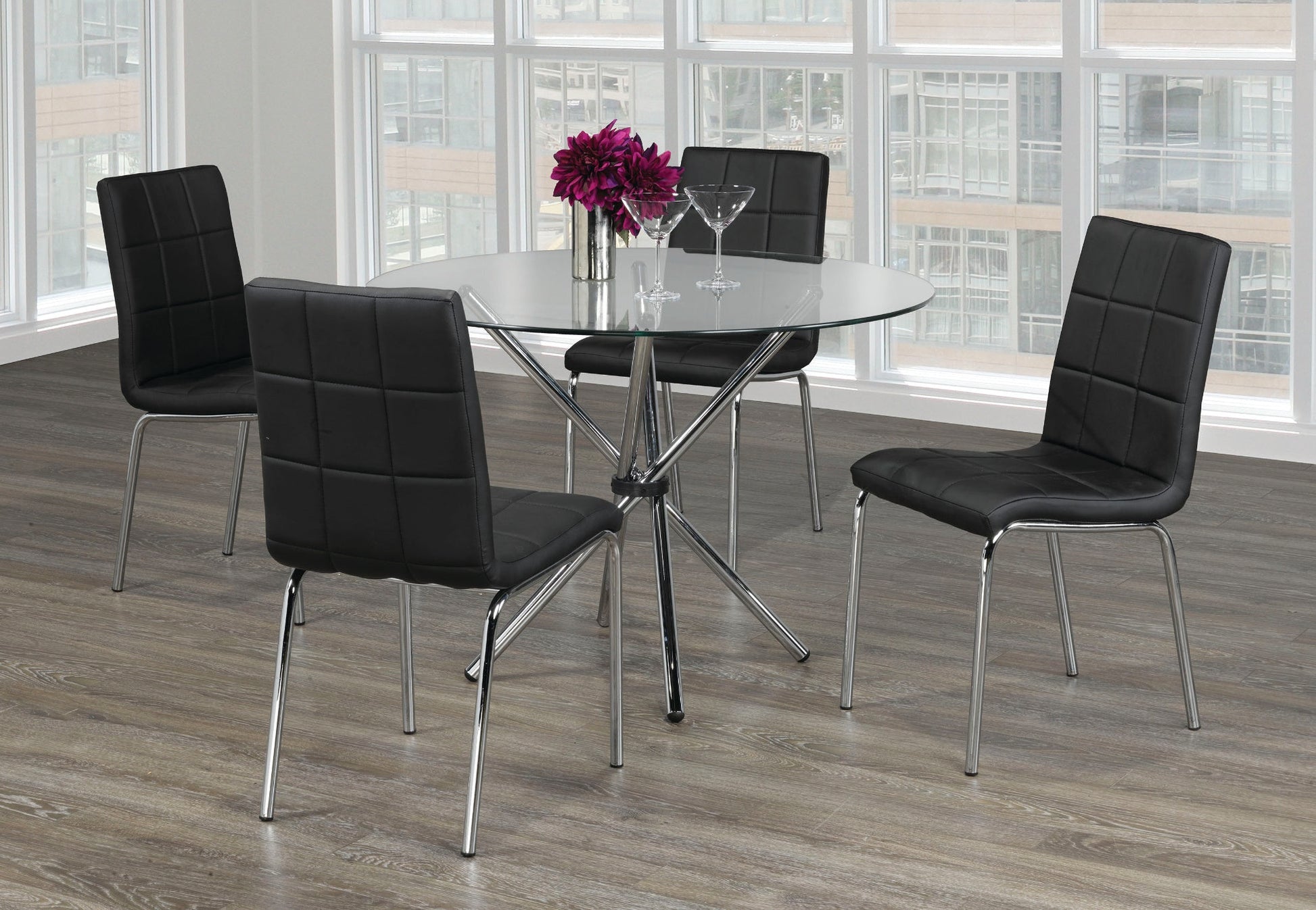 IFDCRound Tempered Clear Glass 5pc Dining Set with 4 Black Chairs T - 1430 C - 1760