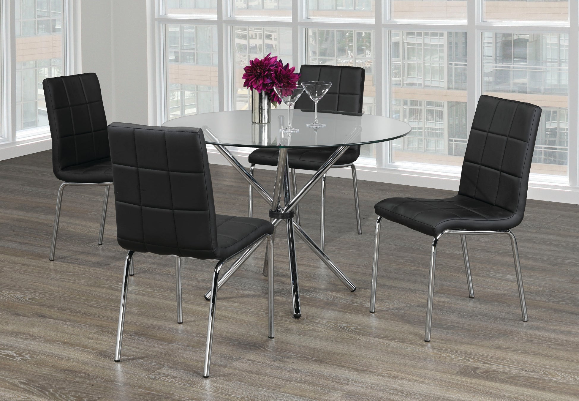 IFDCRound Tempered Clear Glass 5pc Dining Set with 4 Black Chairs T - 1430 C - 1760
