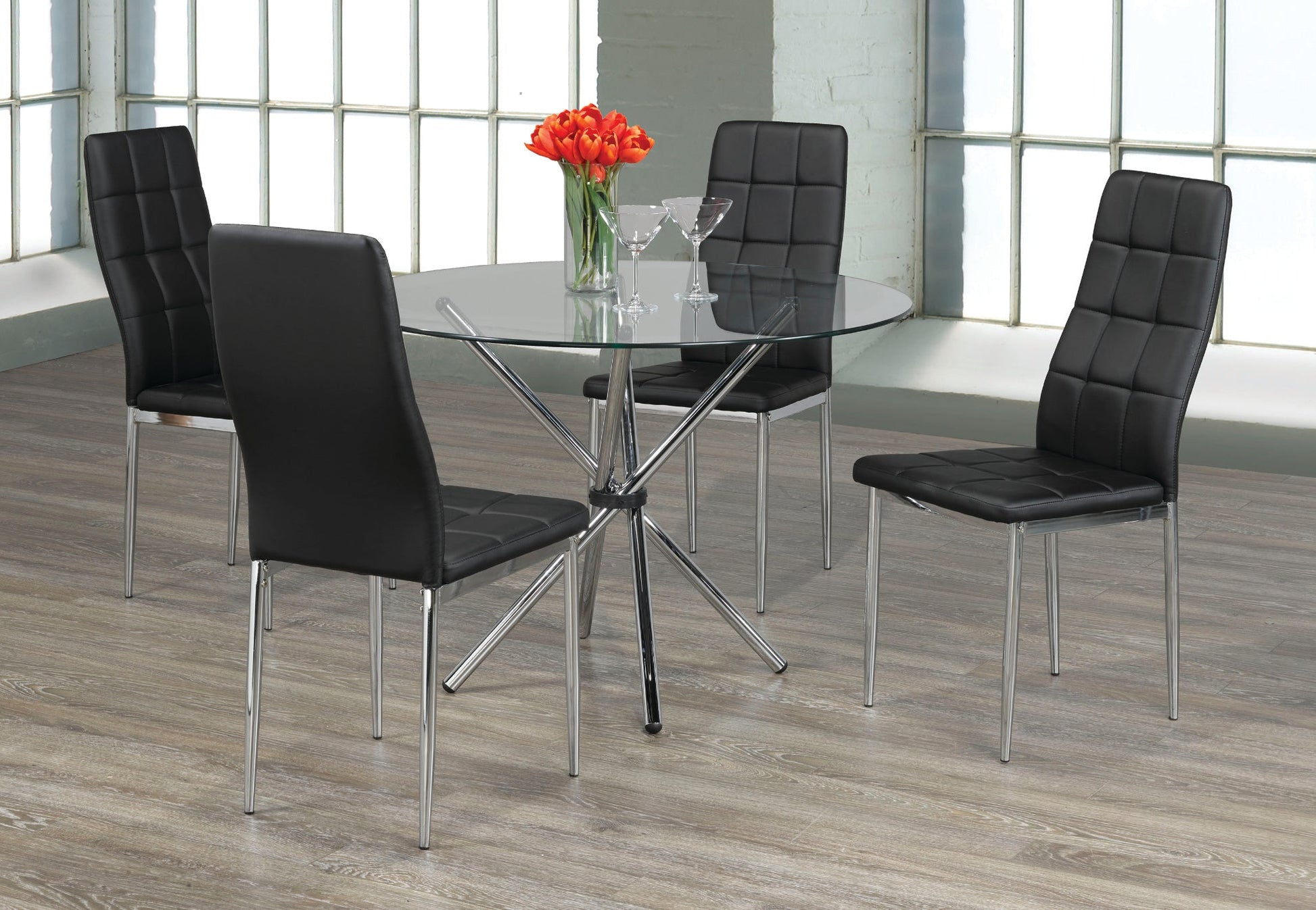 IFDCRound Tempered Clear Glass 5pc Dining Set with 4 Black Chairs T - 1430 C - 1770