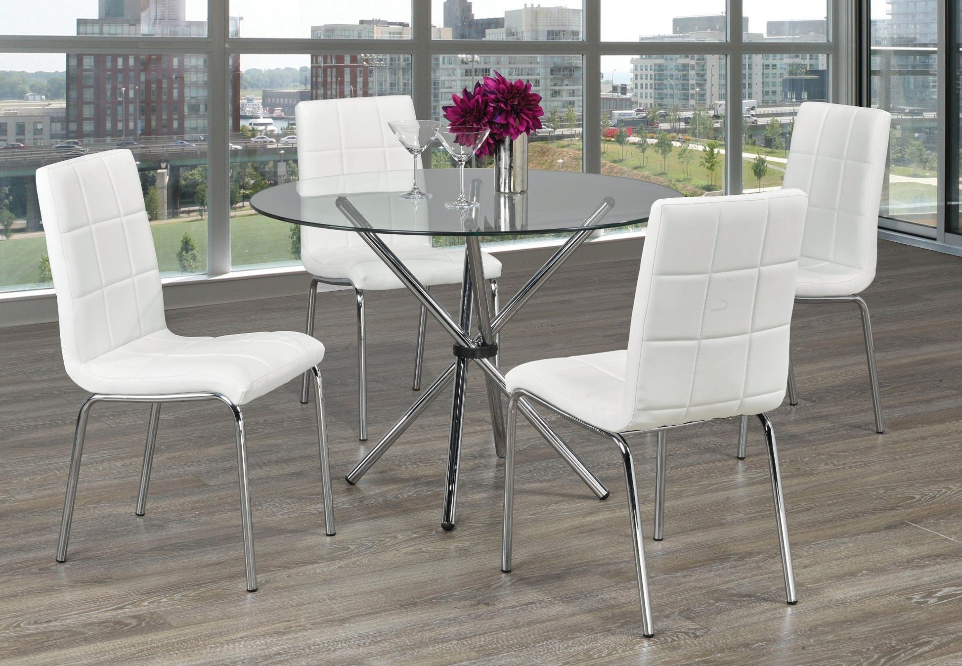 IFDCRound Tempered Clear Glass 5pc Dining Set with 4 White Chairs T - 1430 C - 1761