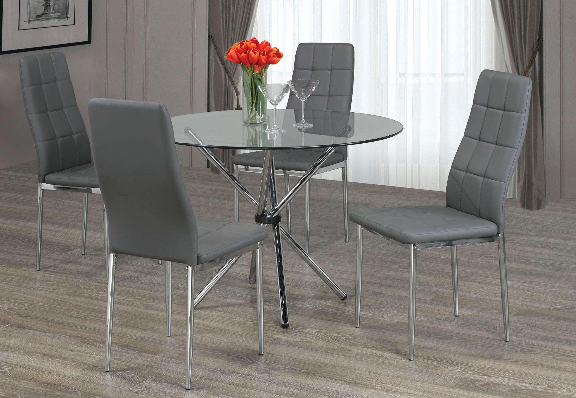 IFDCRound Tempered Clear Glass 5pc Dining Set with 4 White Chairs T - 1430 C - 1772