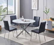 IFDCRound Tempered White Marble 5pc Dining Set with 4 Black Chairs T - 1445 C - 1760