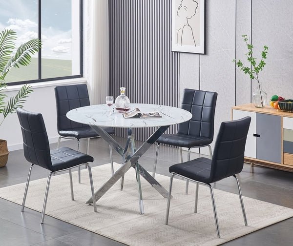 IFDCRound Tempered White Marble 5pc Dining Set with 4 Black Chairs T - 1445 C - 1760