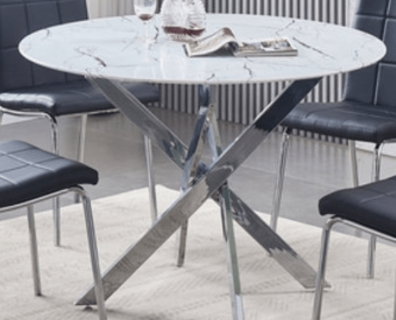 IFDCRound Tempered White Marble 5pc Dining Set with 4 Black Chairs T-1445 C-1760