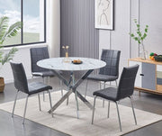 IFDCRound Tempered White Marble 5pc Dining Set with 4 Grey Chairs T - 1445 C - 1762