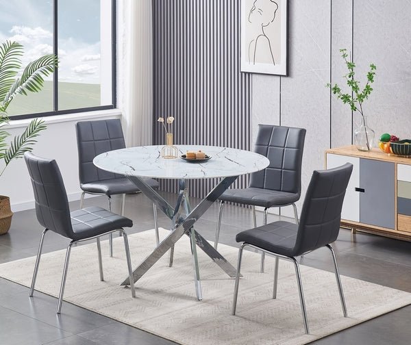 IFDCRound Tempered White Marble 5pc Dining Set with 4 Grey Chairs T - 1445 C - 1762