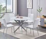 IFDCRound Tempered White Marble 5pc Dining Set with 4 White Chairs T - 1445 C - 1761