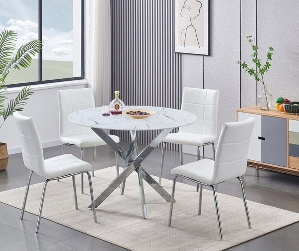 IFDCRound Tempered White Marble 5pc Dining Set with 4 White Chairs T - 1445 C - 1761