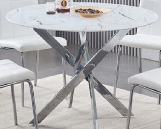 IFDCRound Tempered White Marble 5pc Dining Set with 4 White Chairs T-1445 C-1761