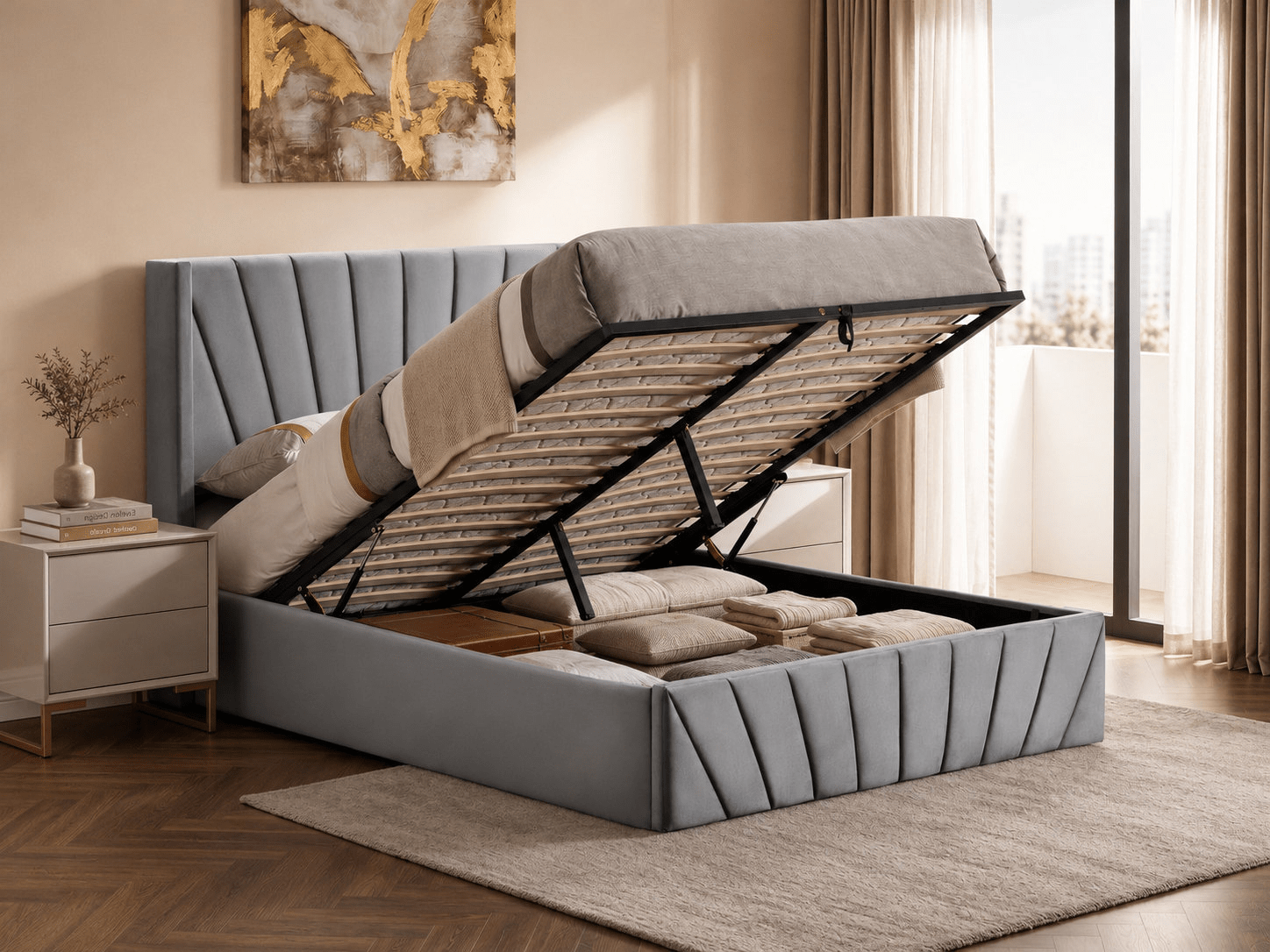 IFDCSilver Grey Velvet Hydraulic Storage Platform Bed IF-5870
