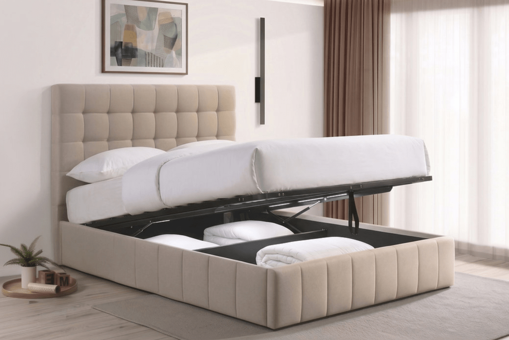 IFDCSoft Warm Ivory Textured Fabric Storage Bed IF-5786