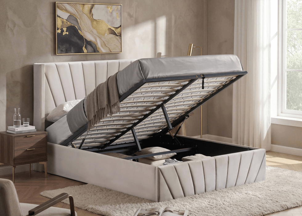 IFDCSoft Warm Ivory Velvet Storage Bed IF-5872