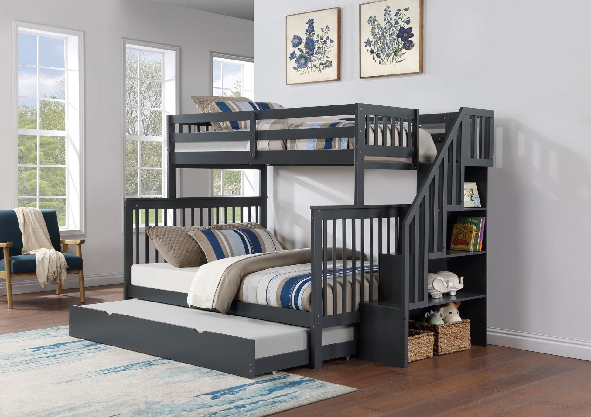 IFDCStaircase Bunk Bed Set Grey B - 1851 (Single/Double)