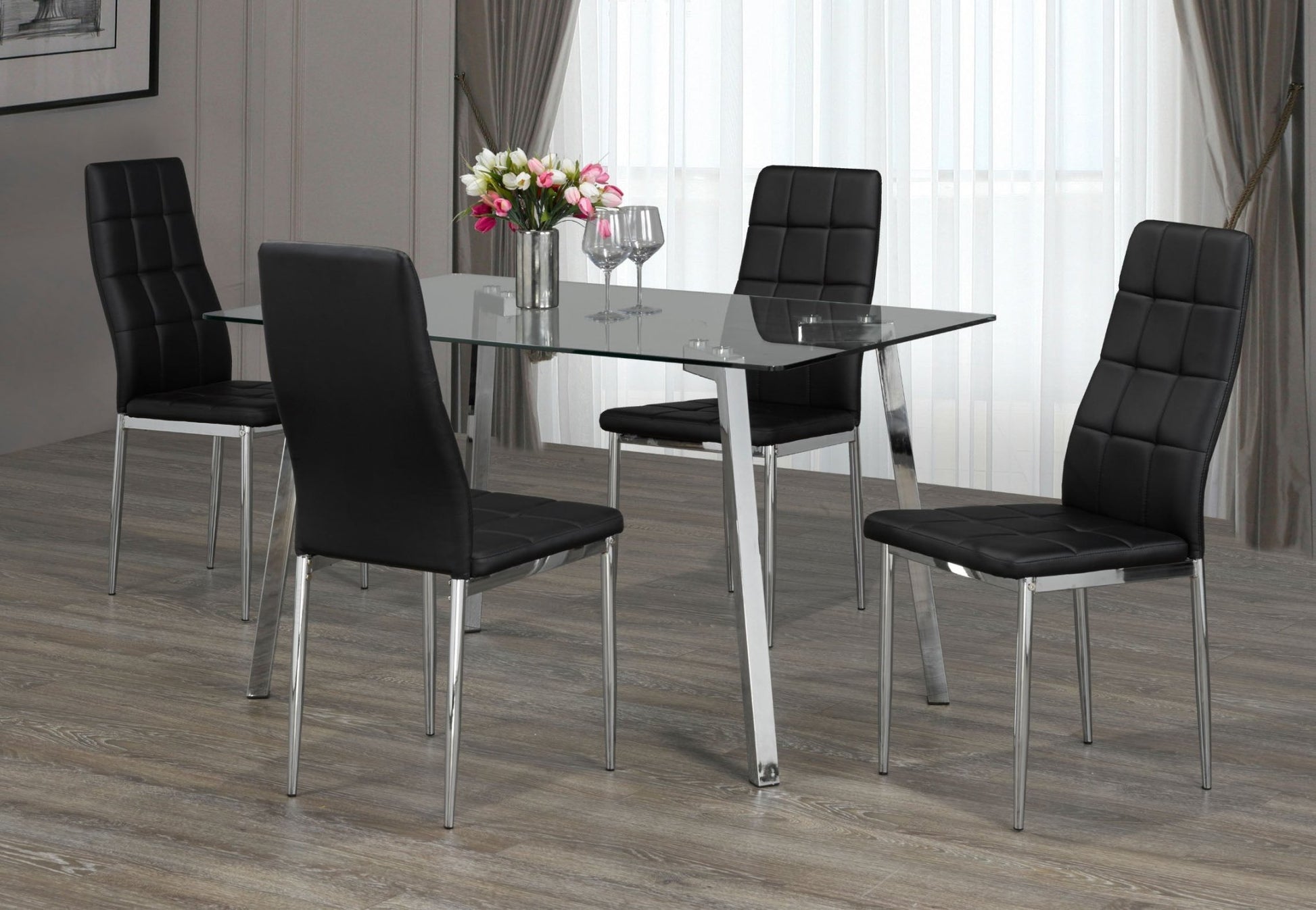 IFDCTempered Clear Glass 5pc Dining Set with 4 black chairs T - 5065 C - 1770