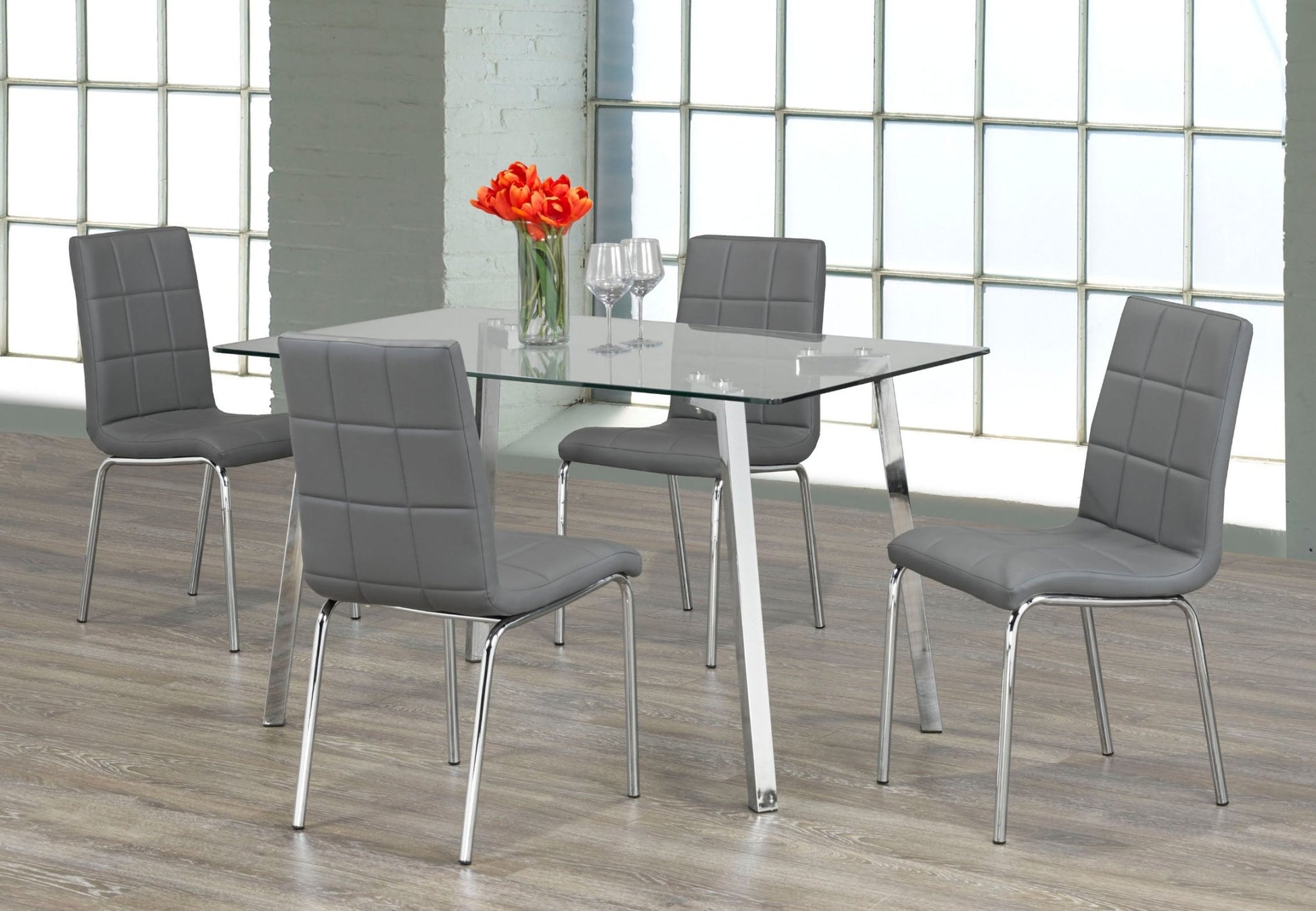 IFDCTempered Clear Glass 5pc Dining Set with 4 grey chairs T - 5065 C - 1762
