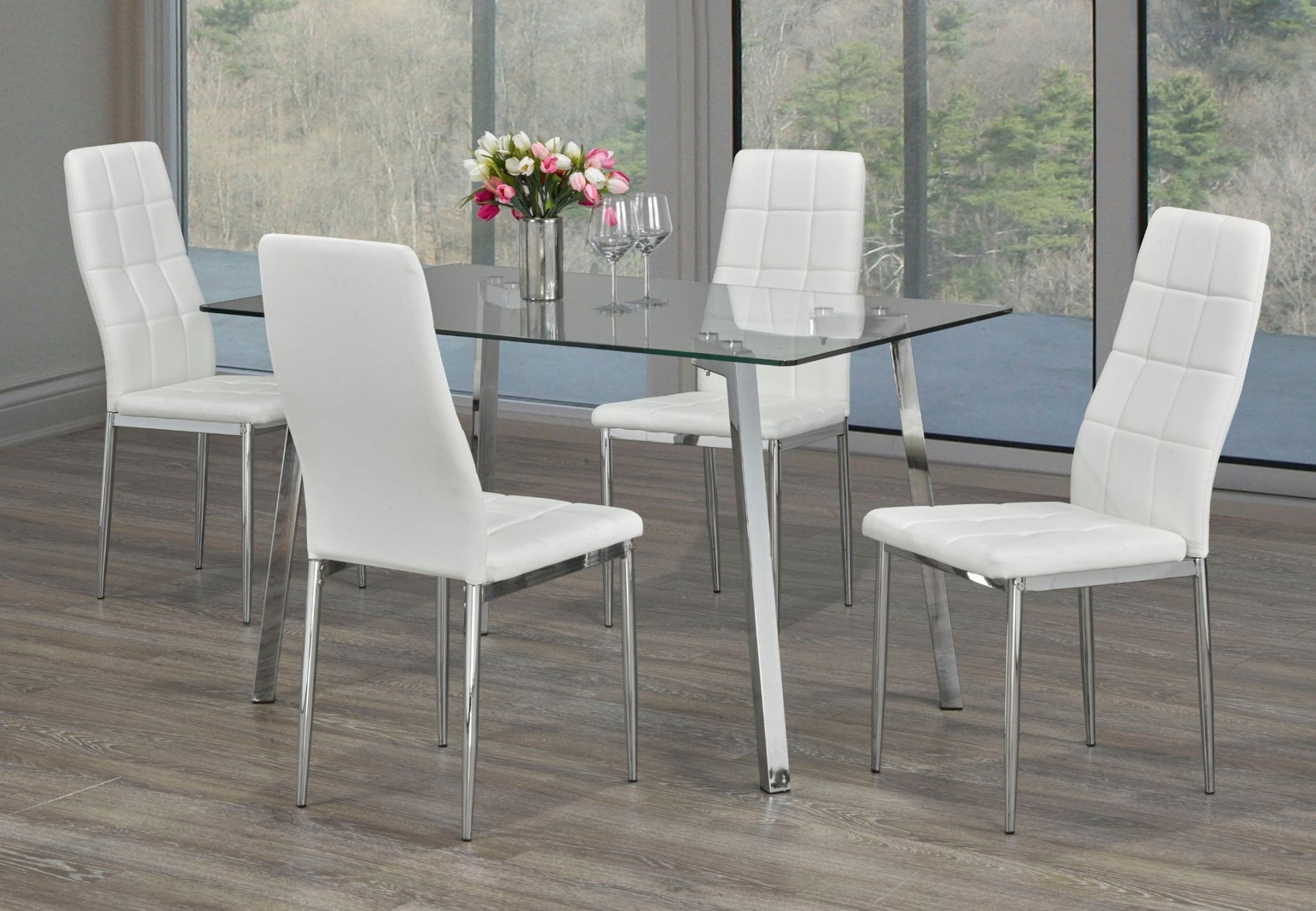 IFDCTempered Clear Glass 5pc Dining Set with 4 white chairs T - 5065 C - 1771