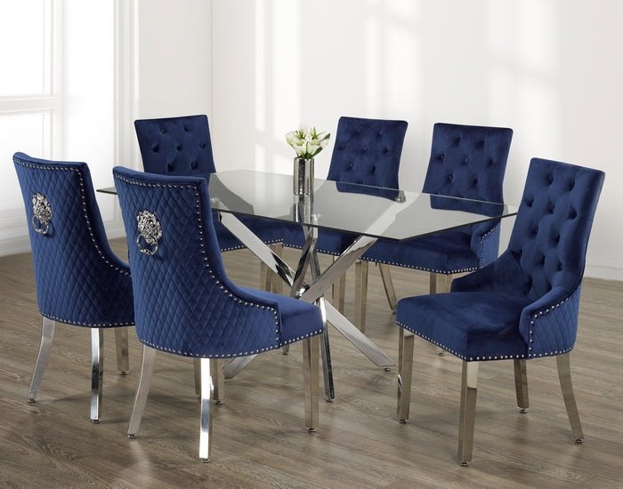 IFDCTempered Glass 7pc Dining Set with blue chairs T - 1448 C - 1252